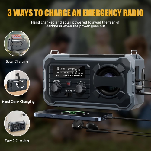 Radio d'urgence à manivelle, Radio météorologique avec AM/FM/NOAA, Prower solaire, Alarme SOS, Recharge de téléphone, Lampe de poche LED, Radio