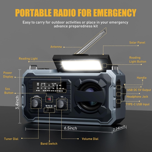 Radio d'urgence à manivelle, Radio météorologique avec AM/FM/NOAA, Prower solaire, Alarme SOS, Recharge de téléphone, Lampe de poche LED, Radio