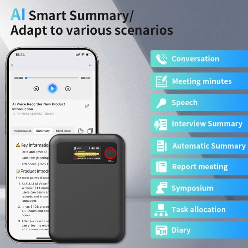 AI magnetic recorder ChatGPT intelligent transcription translation summary recorder APP control, suitable for calls, lectures, meetings-64GB