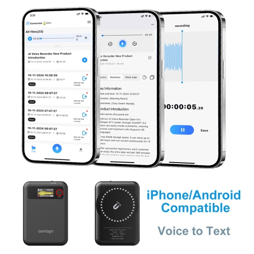 AI magnetic recorder ChatGPT intelligent transcription translation summary recorder APP control, suitable for calls, lectures, meetings-64GB