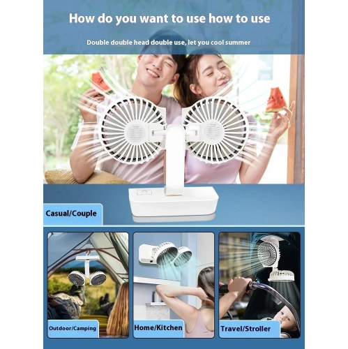 New small summer portable mini rechargeable USB double head desktop electric fan 360 degrees without dead angle - double head shaking head