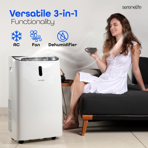SereneLife Portable AC 12000 BTU, 3-in-1 Cooling, Dehumidifier And Fan Modes, Compact Standing Air Conditioner, Energy Efficient 380 Sq. Ft. Climate
