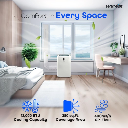 SereneLife Portable AC 12000 BTU, 3-in-1 Cooling, Dehumidifier And Fan Modes, Compact Standing Air Conditioner, Energy Efficient 380 Sq. Ft. Climate