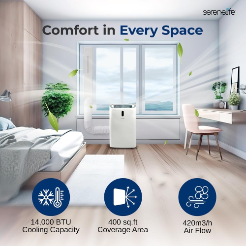 SereneLife Portable AC 14000 BTU, 3-in-1 Cooling, Dehumidifier And Fan Modes, Compact Standing Air Conditioner, Energy Efficient 400 Sq. Ft. Climate