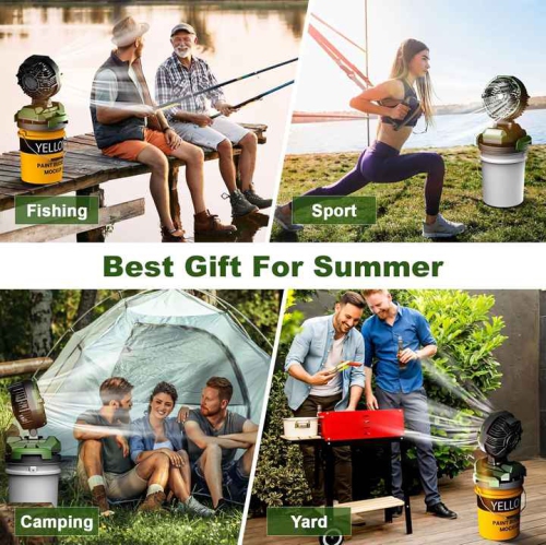 Portable misting fan, 150° rotation, 30000mAh rechargeable battery powered, outdoor cooling fan for patio, barbecue, workplace, adjustable base-yellow