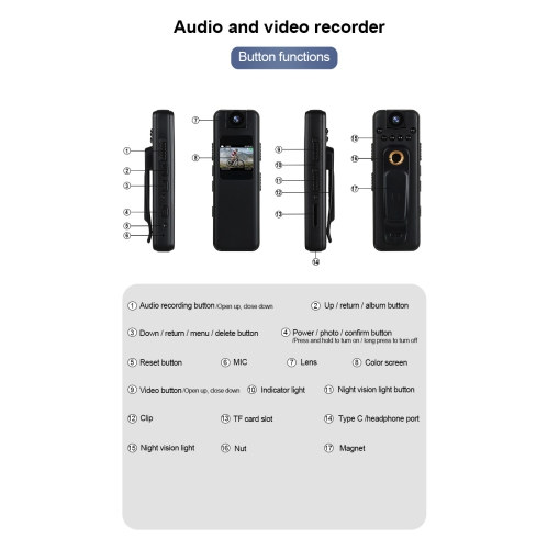 New HD audio recorder with screen and back clip, outdoor camera, rotating lens, audio conference recorder, HD video recorder, MC85-32GB