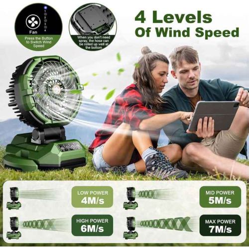 Portable misting fan, 150° rotation, 30000mAh rechargeable battery powered, outdoor cooling fan for patio, barbecue, workplace, adjustable base-green