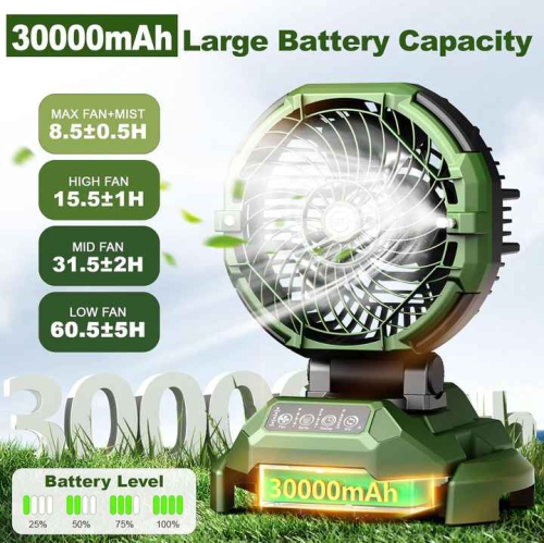 Portable misting fan, 150° rotation, 30000mAh rechargeable battery powered, outdoor cooling fan for patio, barbecue, workplace, adjustable base-black