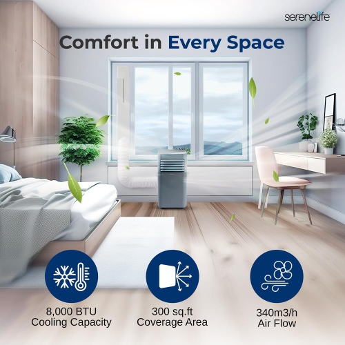 SereneLife Portable AC 8000 BTU, 3-in-1 Cooling, Dehumidifier And Fan Modes, Compact Standing Air Conditioner, Energy Efficient 300 Sq. Ft. Climate