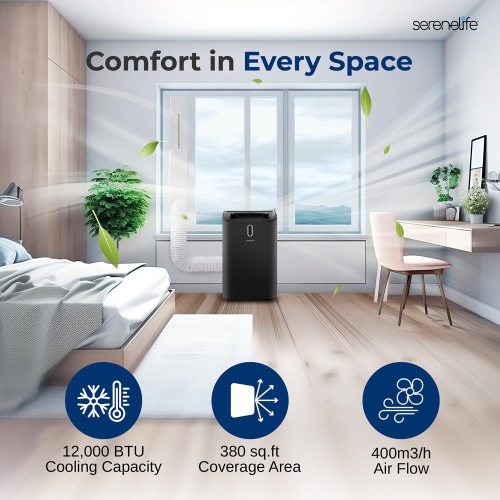 SereneLife Portable AC 12000 BTU, 3-in-1 Cooling, Dehumidifier & Fan, Energy Efficient Standing AC for 380 Sq. Ft., with Wheels & Window Mount Kit