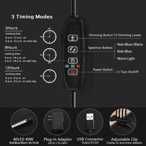 Indoor LED Plant Grow Light with Adjustable Gooseneck, Full Spectrum, 3/9/12 Hour Timer, and 9 Dimmable Levels