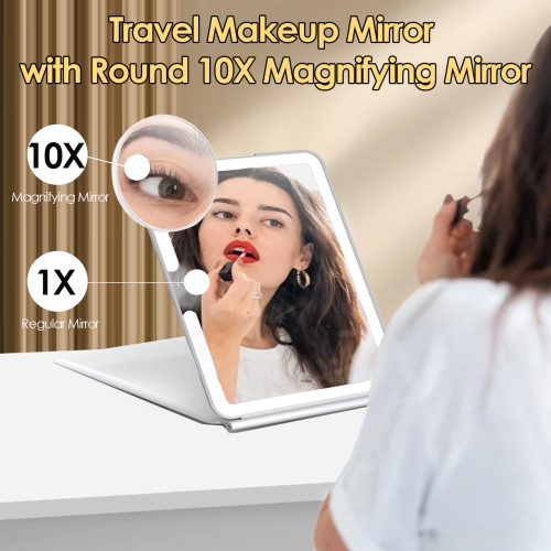 Miroir de maquillage pliable grossissant 10x, miroir de voyage rechargeable USB à intensité réglable pour la maison