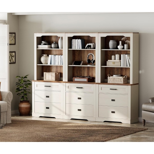 WAMPAT  3 Tier Bookcase With 9 Drawers, Three-Column 73.3" Tall Farmhouse Library Bookshelf With 9 Open Shelves for Bedroom, Living Room & Home Office