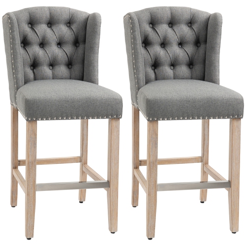 HOMCOM Counter Height Bar Stools Set of 2, Upholstered Bar Chairs with Nailhead Backrest and Footrest, Modern Barstools for Kitchen, Dining Room, Grey