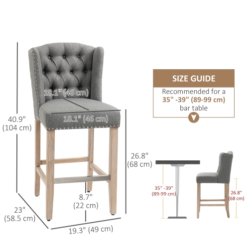 HOMCOM Counter Height Bar Stools Set of 2, Upholstered Bar Chairs with Nailhead Backrest and Footrest, Modern Barstools for Kitchen, Dining Room, Grey
