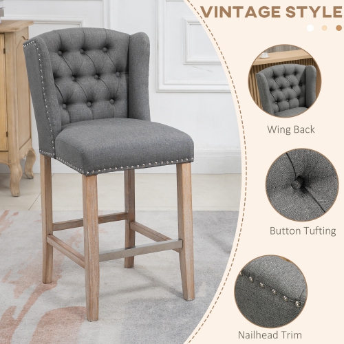 HOMCOM Counter Height Bar Stools Set of 2, Upholstered Bar Chairs with Nailhead Backrest and Footrest, Modern Barstools for Kitchen, Dining Room, Grey