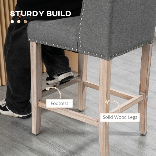 HOMCOM Counter Height Bar Stools Set of 2, Upholstered Bar Chairs with Nailhead Backrest and Footrest, Modern Barstools for Kitchen, Dining Room, Grey