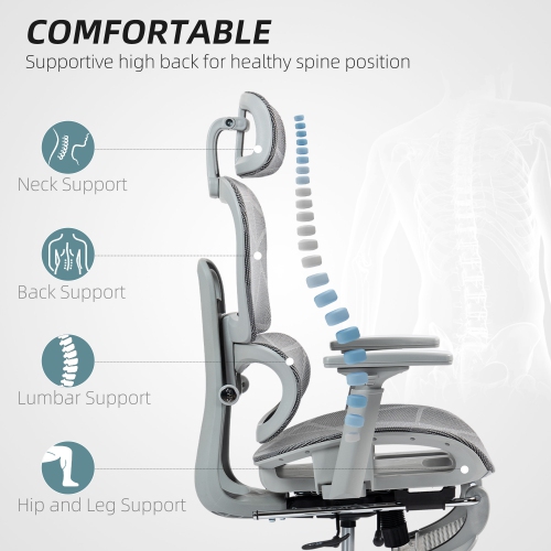 HOMCOM Ergonomic Mesh Office Chair with 3D Armrest, High Back Desk Chair with Lumbar Support, 135° Reclining, Adjustable Headrest, Footrest, Height