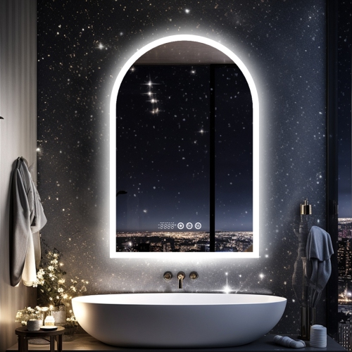 LUVODI Arched Illuminated LED Bathroom Mirror, 24x36 Inch Dimmable Wall Lighted Vanity Mirror with Time Temperature Dispaly Anti-fog Smart Switch 3
