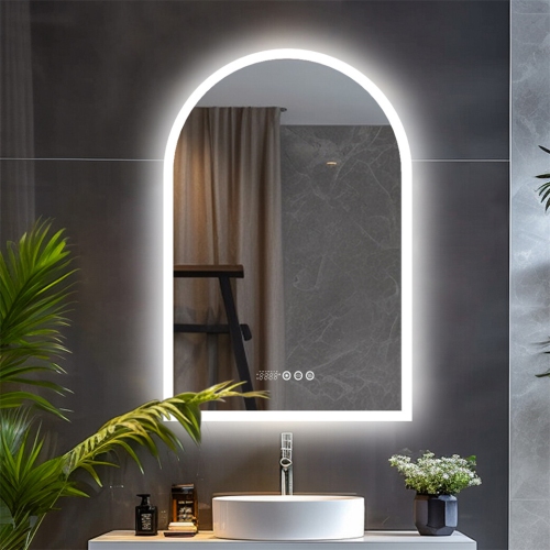 LUVODI Arched Illuminated LED Bathroom Mirror, 24x36 Inch Dimmable Wall Lighted Vanity Mirror with Time Temperature Dispaly Anti-fog Smart Switch 3
