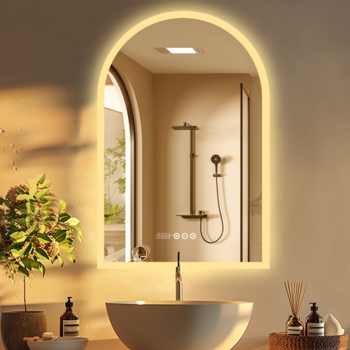 LUVODI Arched Illuminated LED Bathroom Mirror, 24x36 Inch Dimmable Wall Lighted Vanity Mirror with Time Temperature Dispaly Anti-fog Smart Switch 3
