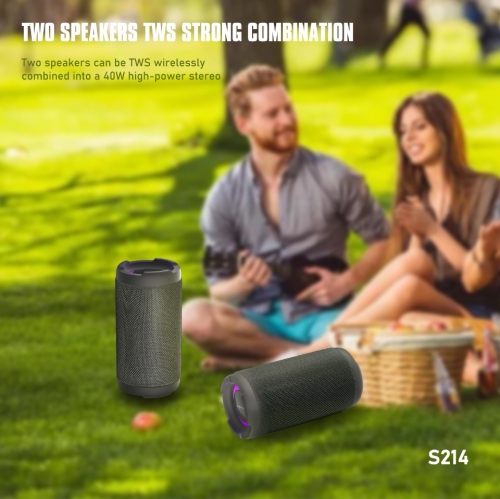 LENYES S214 Outdoor Speaker | 20 W Dual-Driver • BT 5.3 Low-Latency • IPX7 Waterproof • RGB Mood Ring & Dual-Side Logo • 1500 mAh = 10 h Play • TWS