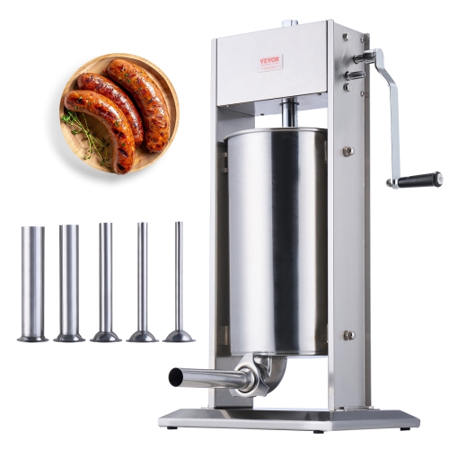 VEVOR 15 L/30 LBS Manual Sausage Stuffer, Vertical Sausage Machine, Dual-Speed Meat Stuffer, Made of Food-Grade 304 Stainless Steel, Includes 5