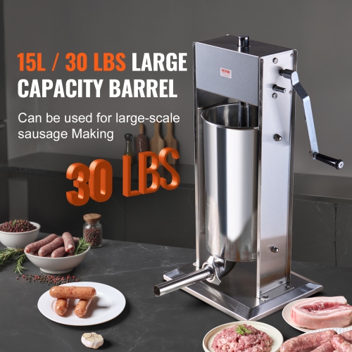 VEVOR 15 L/30 LBS Manual Sausage Stuffer, Vertical Sausage Machine, Dual-Speed Meat Stuffer, Made of Food-Grade 304 Stainless Steel, Includes 5