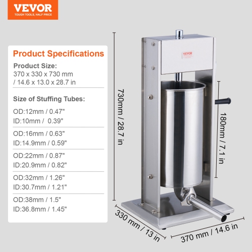 VEVOR 15 L/30 LBS Manual Sausage Stuffer, Vertical Sausage Machine, Dual-Speed Meat Stuffer, Made of Food-Grade 304 Stainless Steel, Includes 5