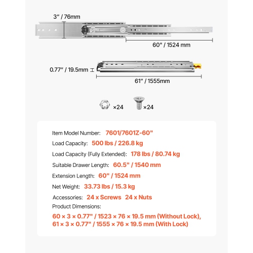 VEVOR 1 Pair Full Extension Drawer Slides 16 18 20 24 30 35 37.4 59 24 32 36 40 48 60 in, 500 lbs Load Capacity Locking Drawer Slides, Ball Bearing