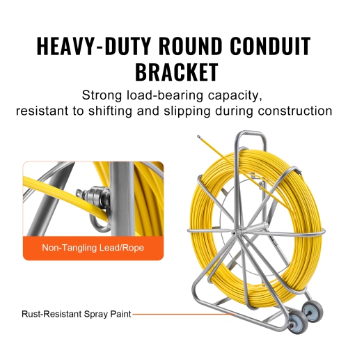 VEVOR 656 ft, 5/16 inFish Tape Fiberglass, Duct Rodder Fishtape Wire Puller, Cable Running Rod with Steel Reel Stand, 3 Pulling Heads, Fishing Tools