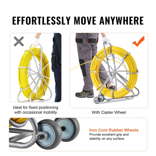 VEVOR 656 ft, 5/16 inFish Tape Fiberglass, Duct Rodder Fishtape Wire Puller, Cable Running Rod with Steel Reel Stand, 3 Pulling Heads, Fishing Tools