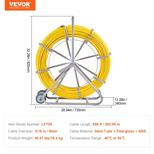 VEVOR 656 ft, 5/16 inFish Tape Fiberglass, Duct Rodder Fishtape Wire Puller, Cable Running Rod with Steel Reel Stand, 3 Pulling Heads, Fishing Tools
