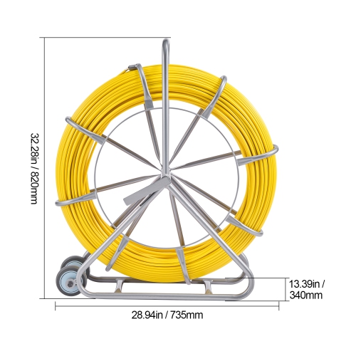 VEVOR 656 ft, 5/16 inFish Tape Fiberglass, Duct Rodder Fishtape Wire Puller, Cable Running Rod with Steel Reel Stand, 3 Pulling Heads, Fishing Tools