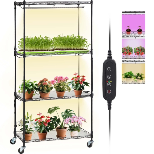 VEVOR 4-Tier Plant Stand with Grow Light, Plant Shelf with 45W Full Spectrum Grow Light, 3 Mode Plant Light with Timer and Wheel for Seed Starting,