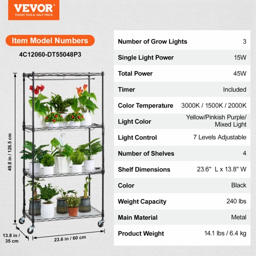 VEVOR 4-Tier Plant Stand with Grow Light, Plant Shelf with 45W Full Spectrum Grow Light, 3 Mode Plant Light with Timer and Wheel for Seed Starting,