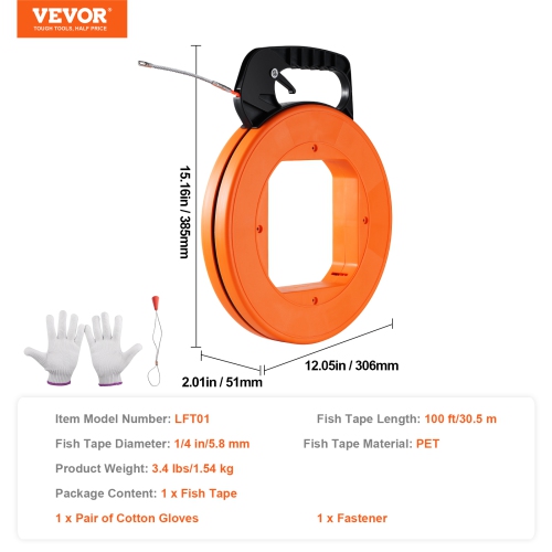VEVOR 100-foot, 1/4-inch Fish Tape, PET Wire Puller with Optimized Housing and Handle, Easy-to-Use Cable Puller Tool, Flexible Wire Fishing Tools for