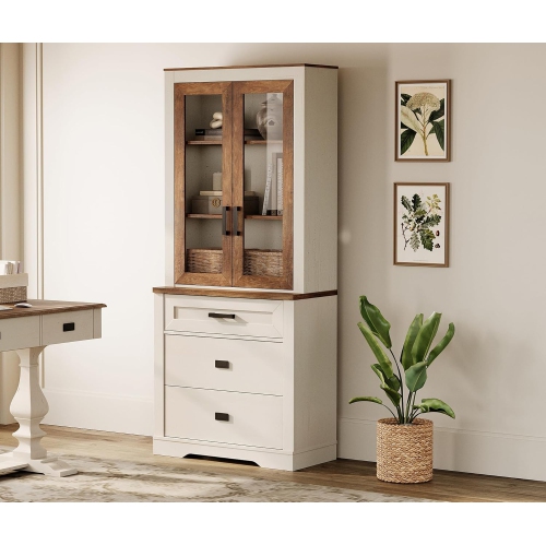 WAMPAT  3-Tier Bookcase With Glass Doors, 73.3" Tall Farmhouse Library Bookshelf With 3 Drawers for Bedroom, Living Room, Home Office In White