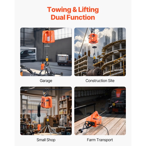 VEVOR 3-in-1 Electric Hoist Winch, 1100 lbs Capacity, 1500W Portable Power Winch, 30 ft Lifting Height, 16 ft/min with Wire and Wireless Remote