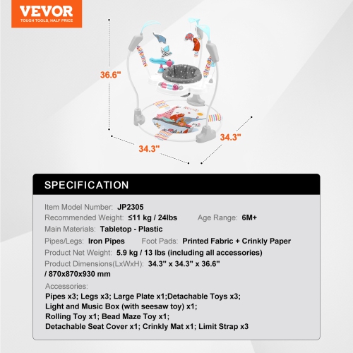 VEVOR 360° Rotation Baby Bouncer, Baby Activity Center Adjustable Height, Toddler Play Jumper with Developmental Toys, Music Lights,Baby SpaceSaver
