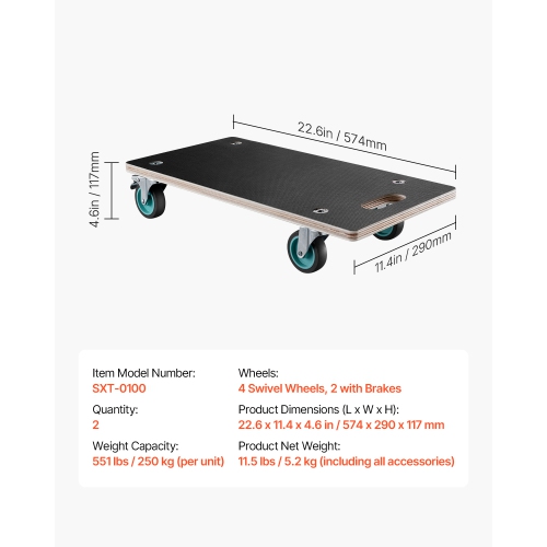 VEVOR 551 lbs Load Furniture Dolly, Furniture Moving Dollies with 4 TPR Silent Wheels, Rectangle Multifunctional Flat Dolly for Piano Furniture Couch