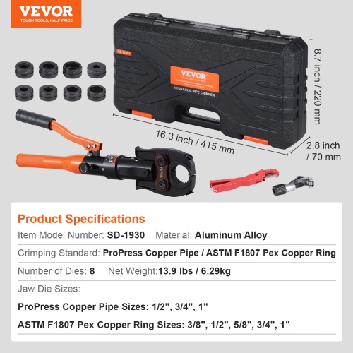 VEVOR Copper Pipe Crimping Tool, Hydraulic Driven Press Tool with 1/2", 3/4", 1" Jaws for Copper Pipe and 3/8", 1/2", 5/8", 3/4", 1" Jaws for ASTM