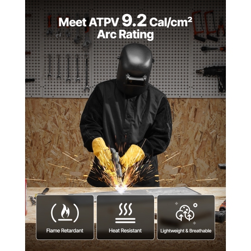 VEVOR M Size Flame Resistant Welding Jacket, Heavy Duty Split Cowhide Leather Sleeves + 9 oz. FR Pure Cotton Body, Heat-Resistant Welding Safety