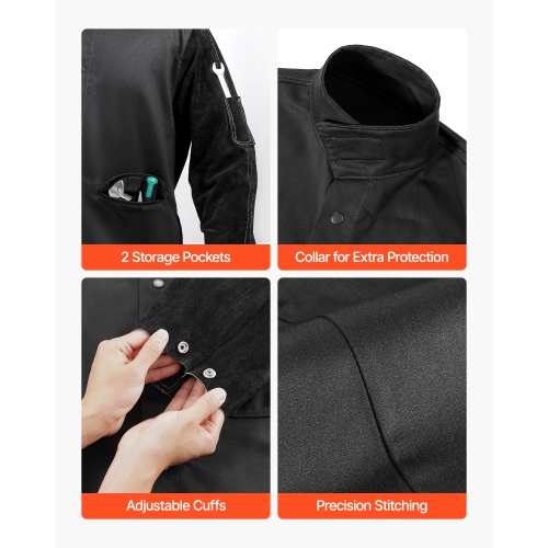 VEVOR M Size Flame Resistant Welding Jacket, Heavy Duty Split Cowhide Leather Sleeves + 9 oz. FR Pure Cotton Body, Heat-Resistant Welding Safety
