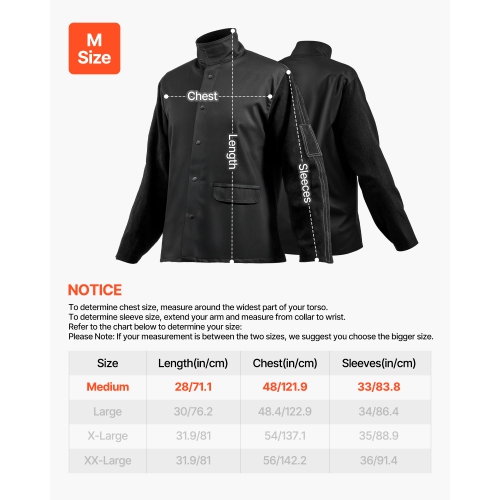 VEVOR M Size Flame Resistant Welding Jacket, Heavy Duty Split Cowhide Leather Sleeves + 9 oz. FR Pure Cotton Body, Heat-Resistant Welding Safety