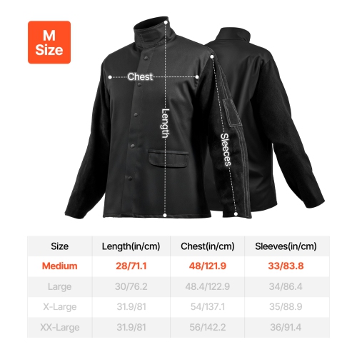 VEVOR M Size Flame Resistant Welding Jacket, Heavy Duty Split Cowhide Leather Sleeves + 9 oz. FR Pure Cotton Body, Heat-Resistant Welding Safety