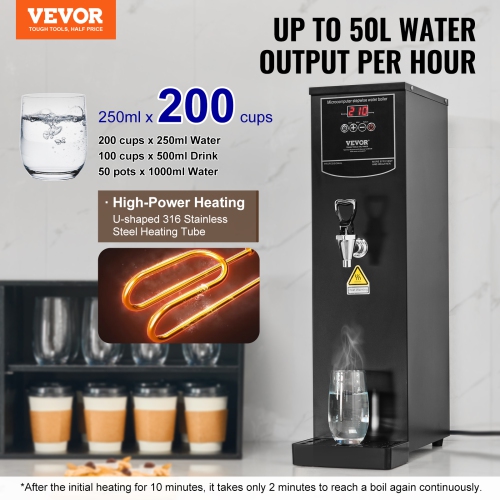 VEVOR 1500W Commercial Water Boiler, Electric Hot Water Dispenser with 316 Stainless Steel Heating Tube, Step-by-step Fast Heating 50L per Hour Hot