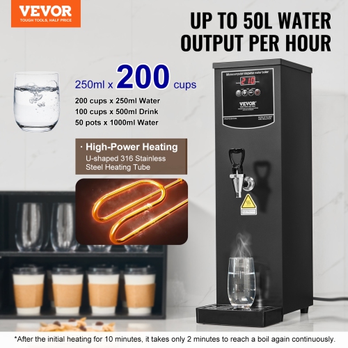 VEVOR Commercial Water Boiler, Electric Hot Water Dispenser with 316 Stainless Steel Heating Tube, 1500W Step-by-step Fast Heating 50L per Hour Hot