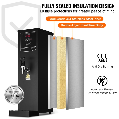 VEVOR Commercial Water Boiler, Electric Hot Water Dispenser with 316 Stainless Steel Heating Tube, 1500W Step-by-step Fast Heating 50L per Hour Hot