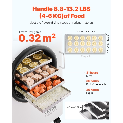 VEVOR Vacuum Freeze Dryer Machine, 8.8-13.2 LBS/Batch Food Freeze Drying Machine with 4-Layer Trays, Vacuum Pump, Adjustable Timer and Temperature